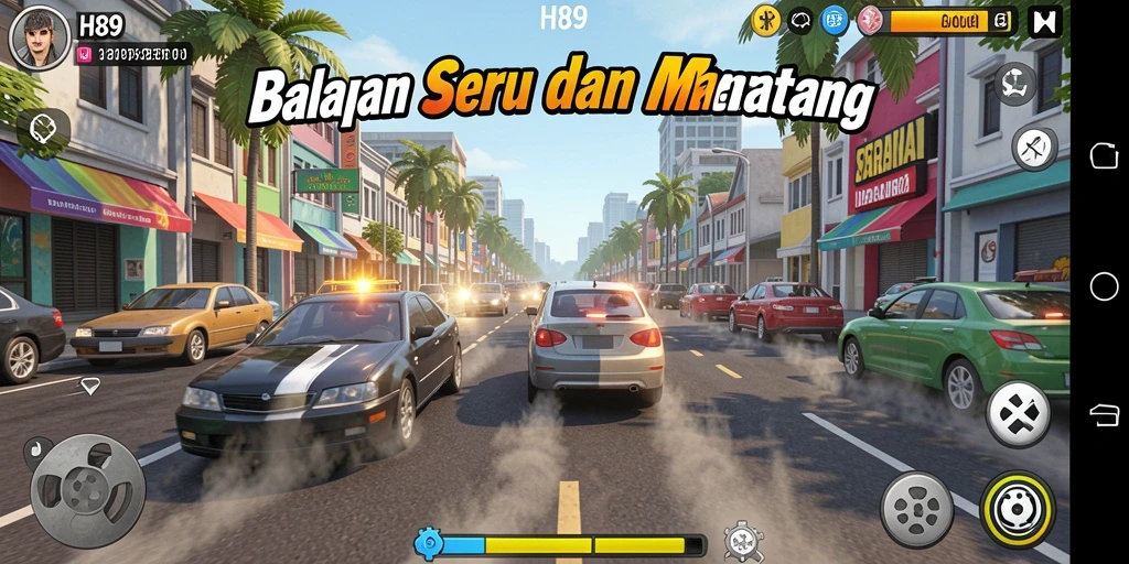 Tampilan gameplay H89 menampilkan mobil balap melaju cepat di trek yang menantang.