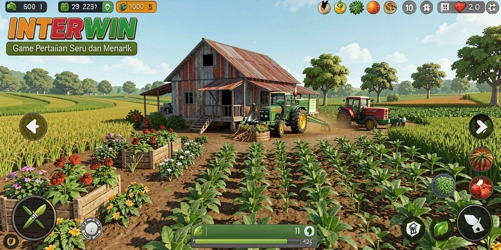 Tampilan gameplay INTERWIN dengan suasana pertanian yang asri.