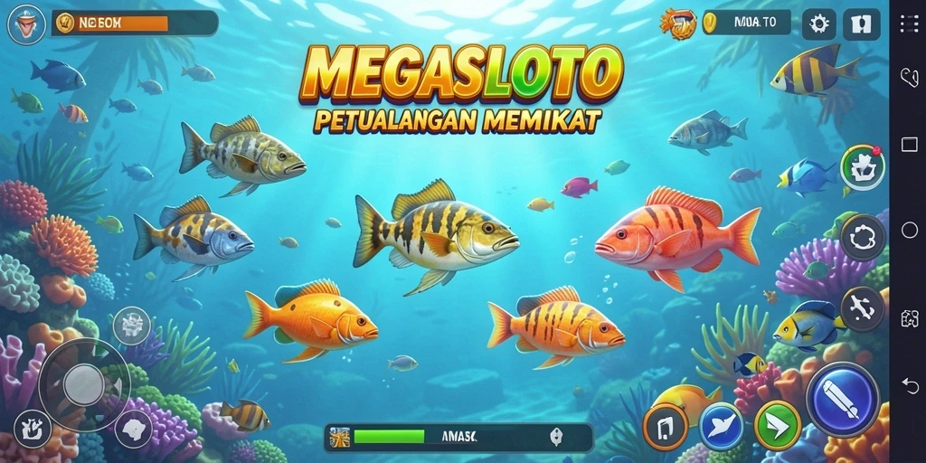 Tampilan gameplay seru di lautan penuh ikan.