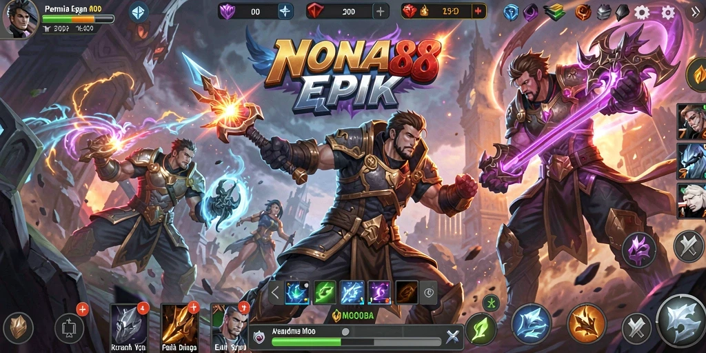Gameplay NONA88 yang penuh aksi dalam pertempuran MOBA.