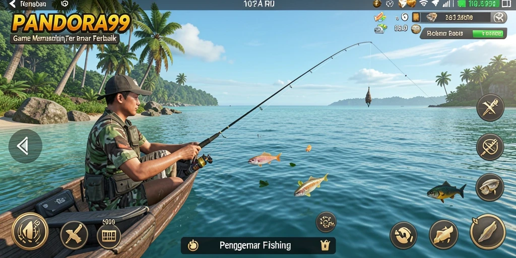 Screenshot gameplay PANDORA99 yang menunjukkan aktivitas memancing.
