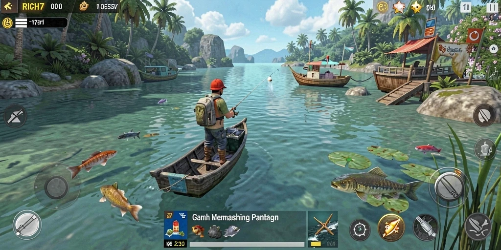 Gameplay RICH7 yang menampilkan aksi memancing yang seru dan mendebarkan.